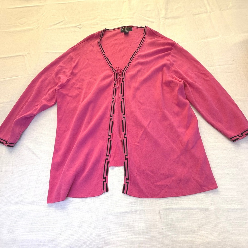 Finity Woman Pink Greek Key Trim Tie Front Cardigan Sweater Plus Size 2X‎ - Picture 2 of 7